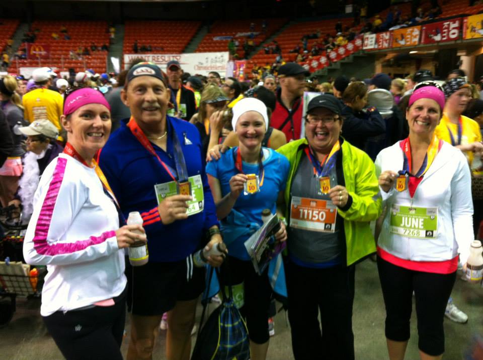 Tracy Beaulieu, centre, celebrates with members of the Greenwood Running Company after completing the 2013 Blue Nose Marathon 10k in Halifax. Also pictured, from left are Michelle Darrell, David Stoddart, Tracy, Dallas Stoddart and June Wilson.