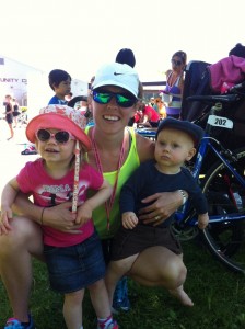 Tessa Stright celebrates with her son and daughter after competing in the Hampton Triathlon in June. On Sunday, she will compete in her first half marathon at Marathon by the Sea.